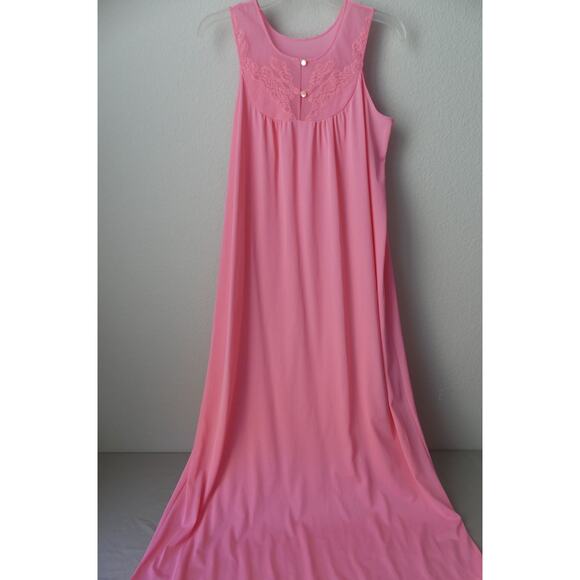 Vintage Pink Nylon Womens MEDIUM Nightgown Long Texsheen Lace Button - Picture 2 of 9